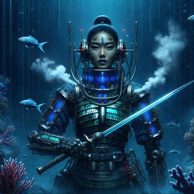 The primary subject of the image is a woman dressed in a futuristic armor, holding a sword. She is standing in a dark, underwater environment, surrounded by fish and other aquatic creatures. The visual style of the image is digital art, with a blue and black color scheme that gives the scene a moody and mysterious atmosphere.